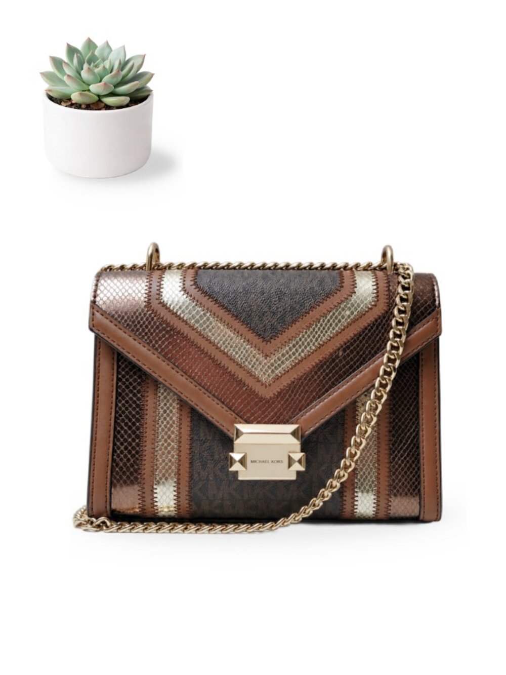 Michael Kors Metallic Handbag Whitney Medium Patchwork Chevron Brown Chain Purse